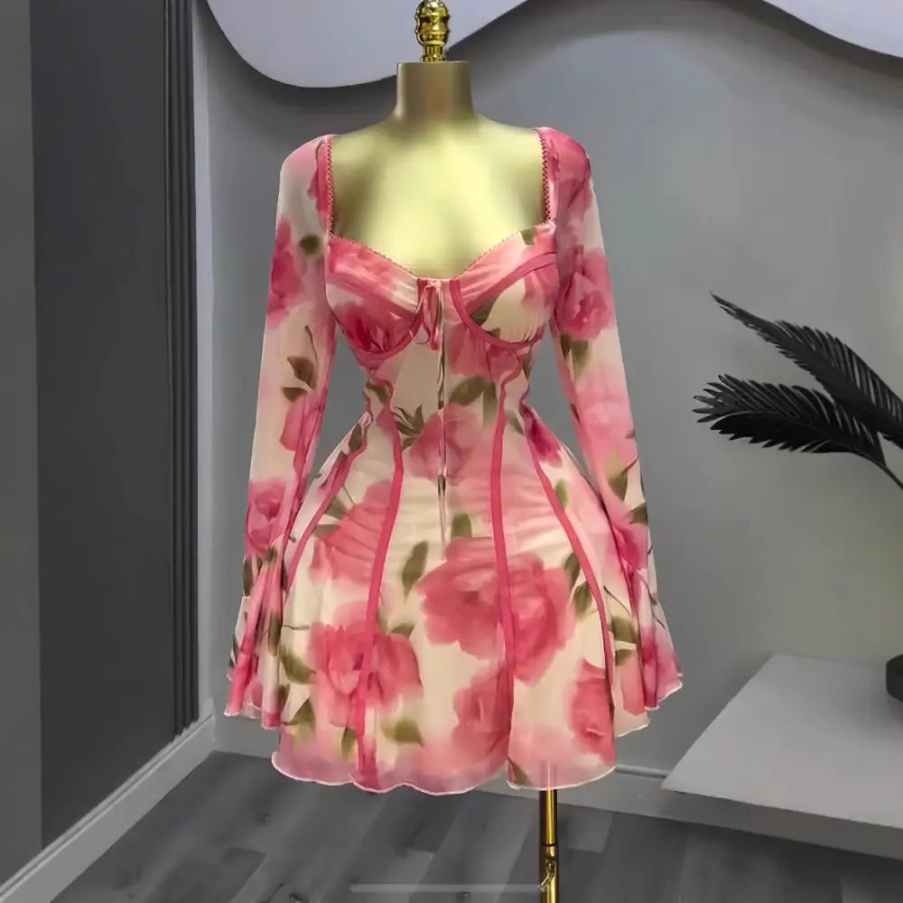 Women’s Flared Long Sleeve Tied Lotus Leaf Flower Print Dress