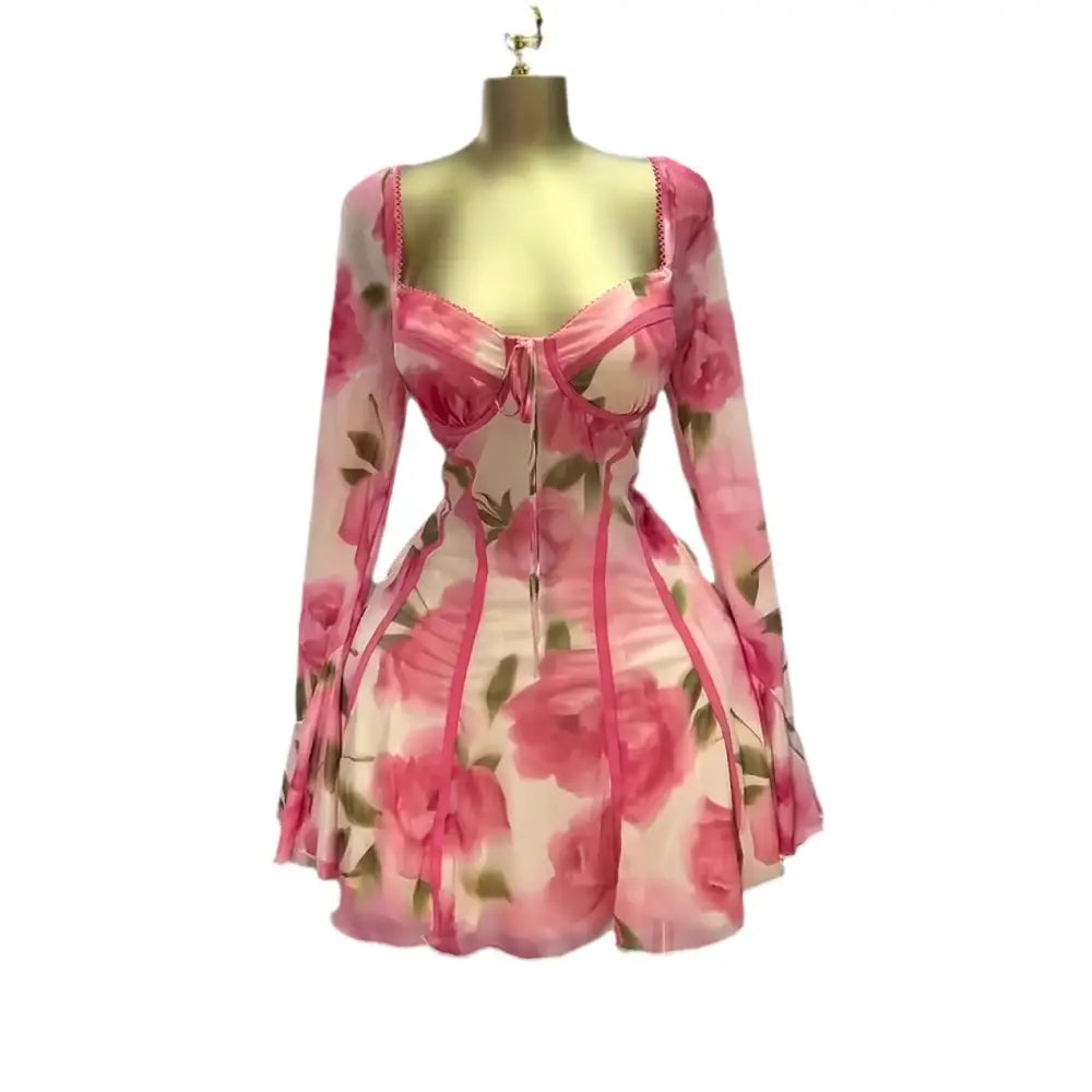 Women’s Flared Long Sleeve Tied Lotus Leaf Flower Print Dress