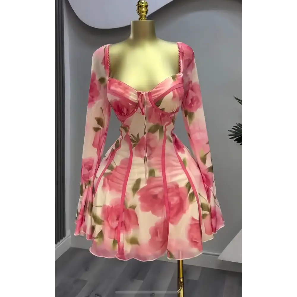 Women’s Flared Long Sleeve Tied Lotus Leaf Flower Print Dress - Color / S