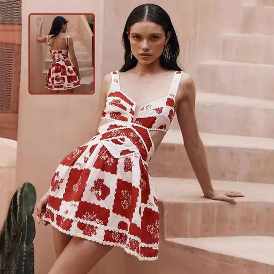 Women's Flower Print Lace Sling Dress Fashion V-neck Waist-baring Skirt Summer Clotjing Beyond Trends Hub