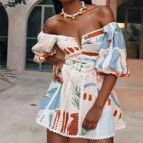 Women's Flower Print Lace Sling Dress Fashion V-neck Waist-baring Skirt Summer Clotjing Beyond Trends Hub