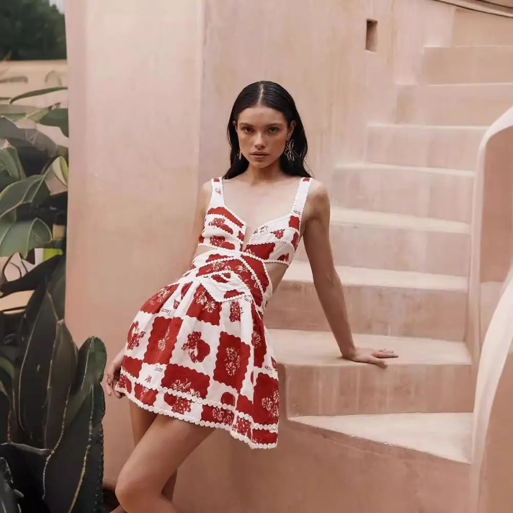 Women's Flower Print Lace Sling Dress Fashion V-neck Waist-baring Skirt Summer Clotjing Beyond Trends Hub