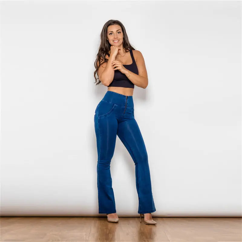 Women’s High Waist Flared Dark Blue Stretch Jeans