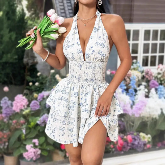 Women’s Holiday Floral Flounce Halterneck With Suspenders Backless Dress