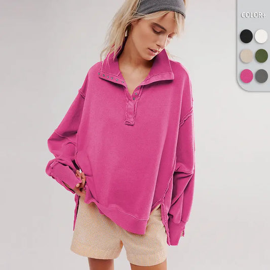 Women's Lantern Sleeve Decorative Moulding Split Lapel Sweater Beyond Trends Hub