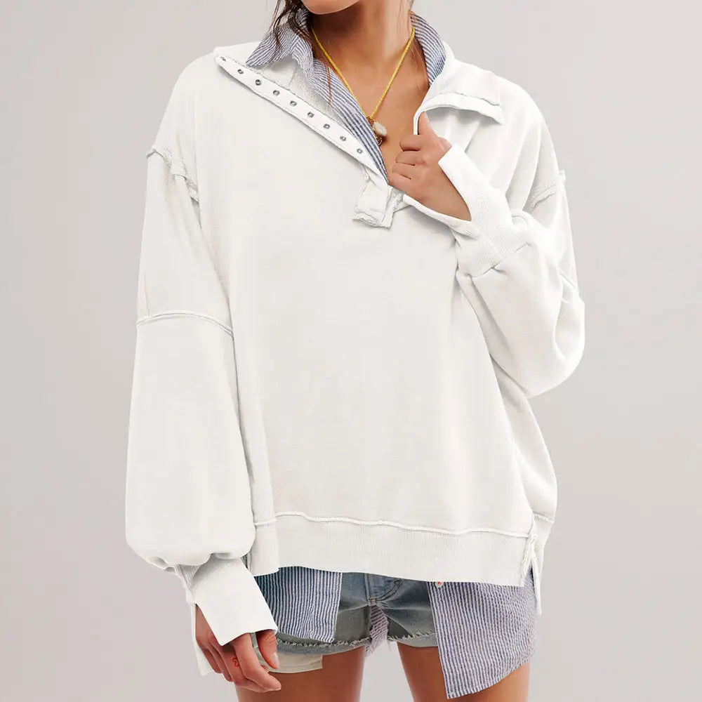 Women's Lantern Sleeve Decorative Moulding Split Lapel Sweater Beyond Trends Hub