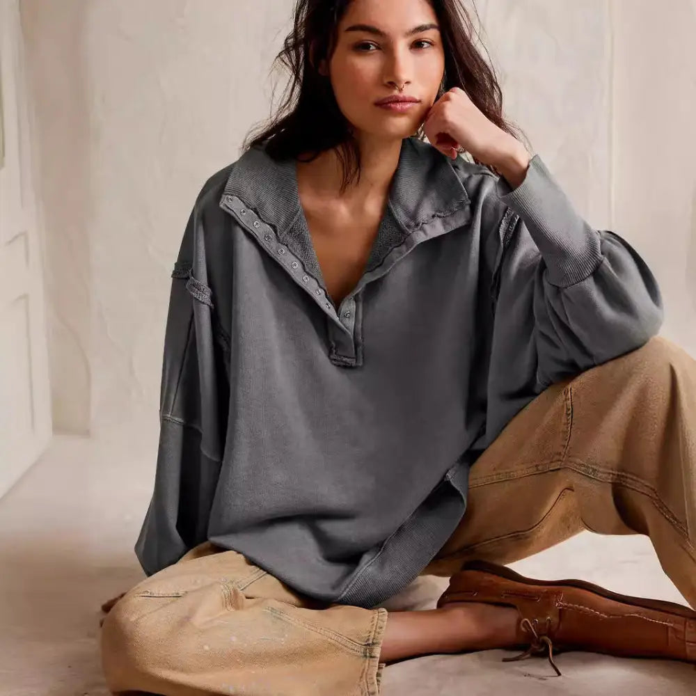 Women's Lantern Sleeve Decorative Moulding Split Lapel Sweater Beyond Trends Hub