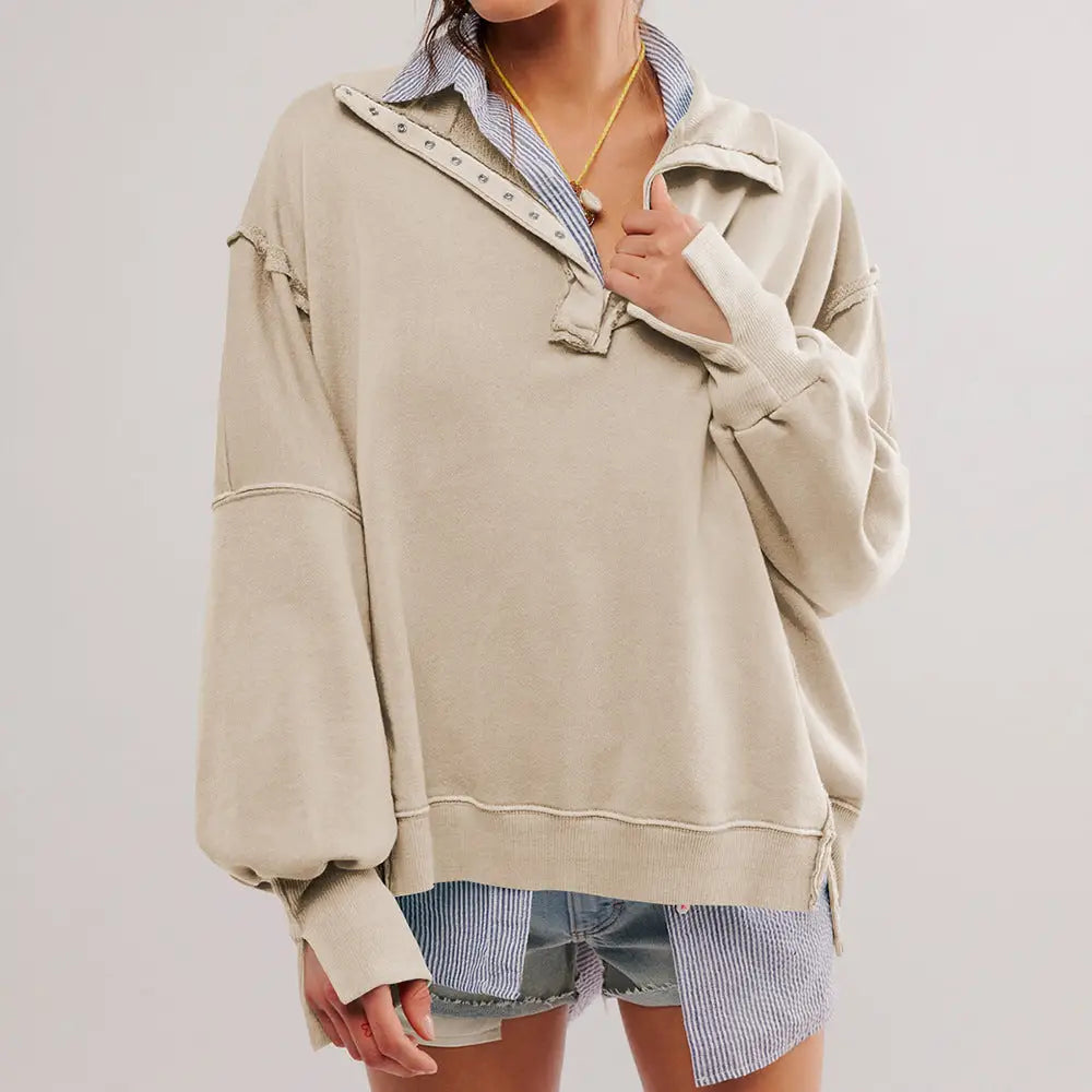 Women's Lantern Sleeve Decorative Moulding Split Lapel Sweater Beyond Trends Hub
