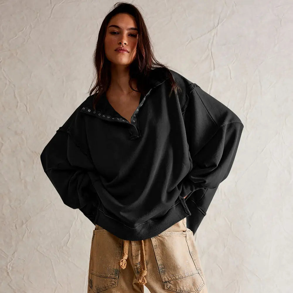 Women's Lantern Sleeve Decorative Moulding Split Lapel Sweater Beyond Trends Hub