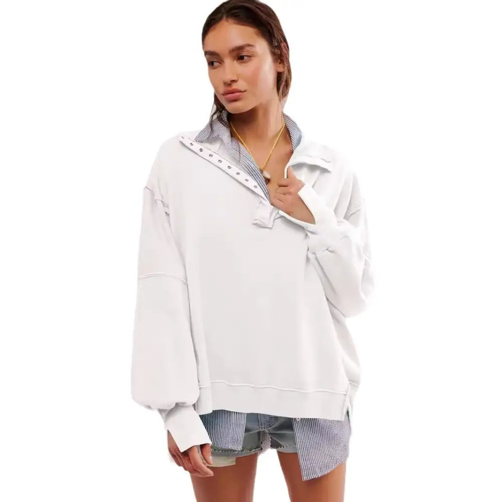 Women's Lantern Sleeve Decorative Moulding Split Lapel Sweater Beyond Trends Hub