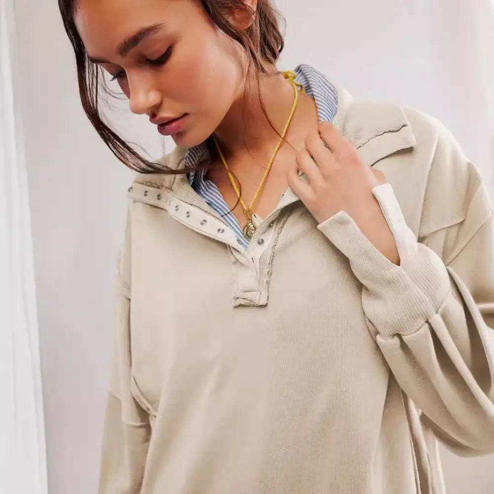 Women's Lantern Sleeve Decorative Moulding Split Lapel Sweater Beyond Trends Hub