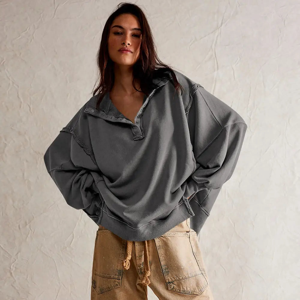 Women's Lantern Sleeve Decorative Moulding Split Lapel Sweater Beyond Trends Hub