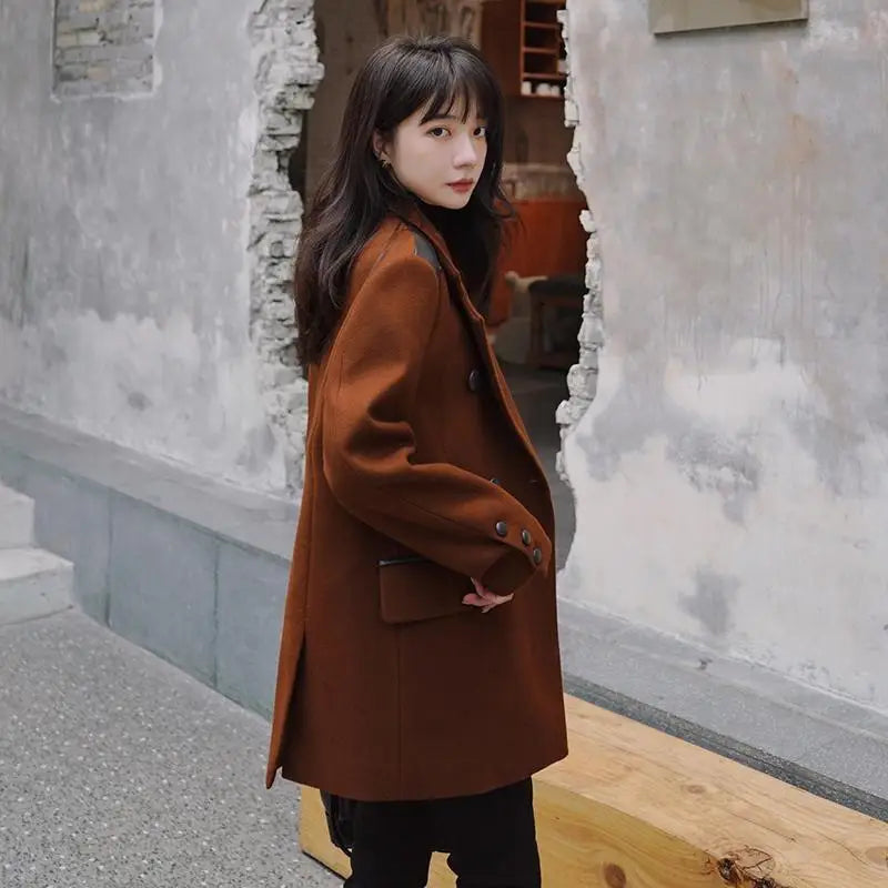 Women's Leather Loose Fit Woolen Coat Beyond Trends Hub