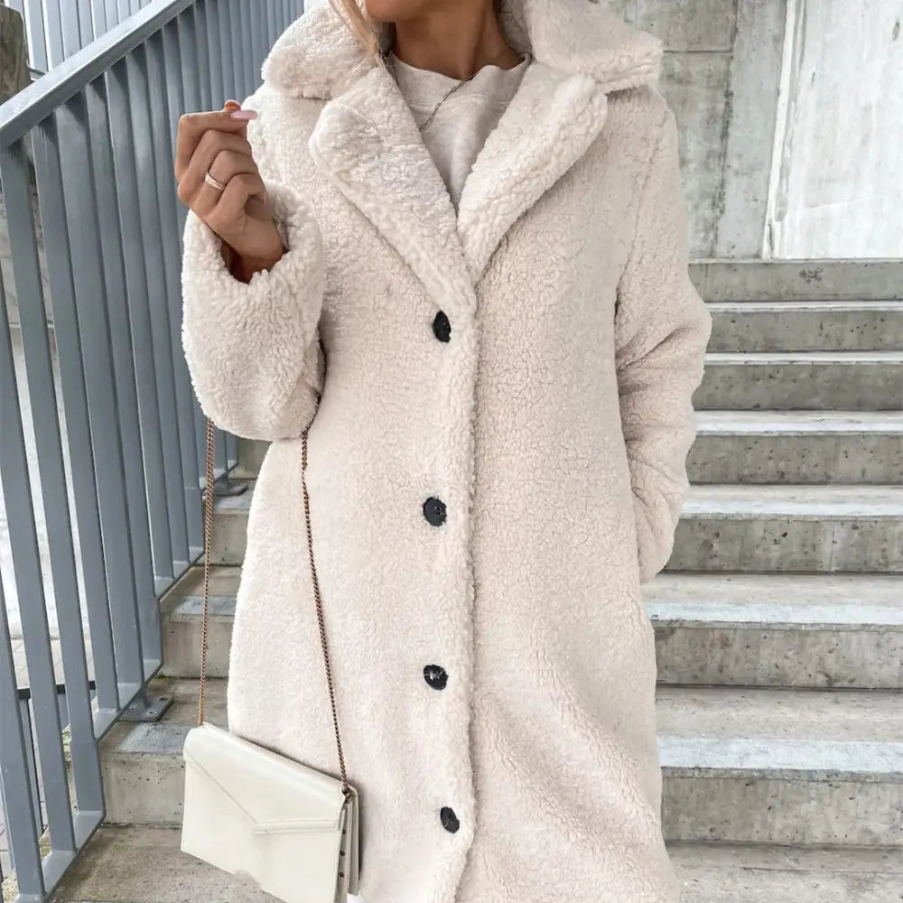 Women’s Long-sleeved Lapel Plush Jacket Top - Apricot / S