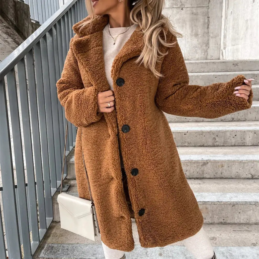 Women’s Long-sleeved Lapel Plush Jacket Top - Brown / S