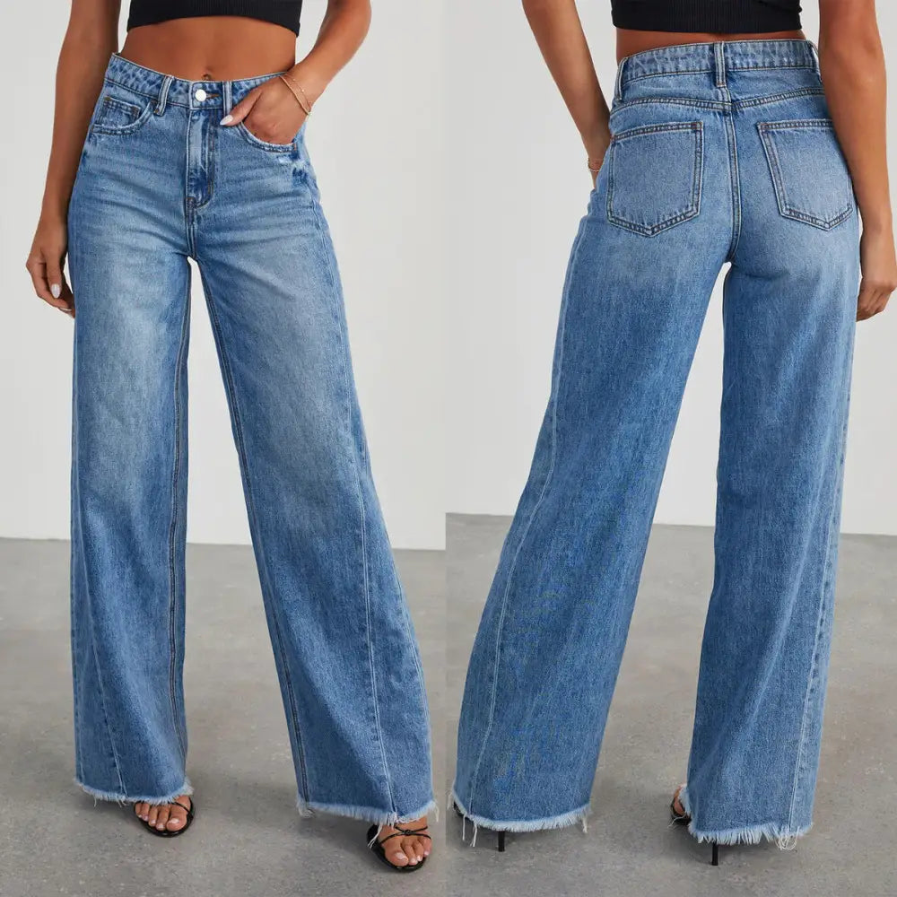 Women's Loose Wide-leg Side Seam Stitching Frayed Hem Jeans Beyond Trends Hub