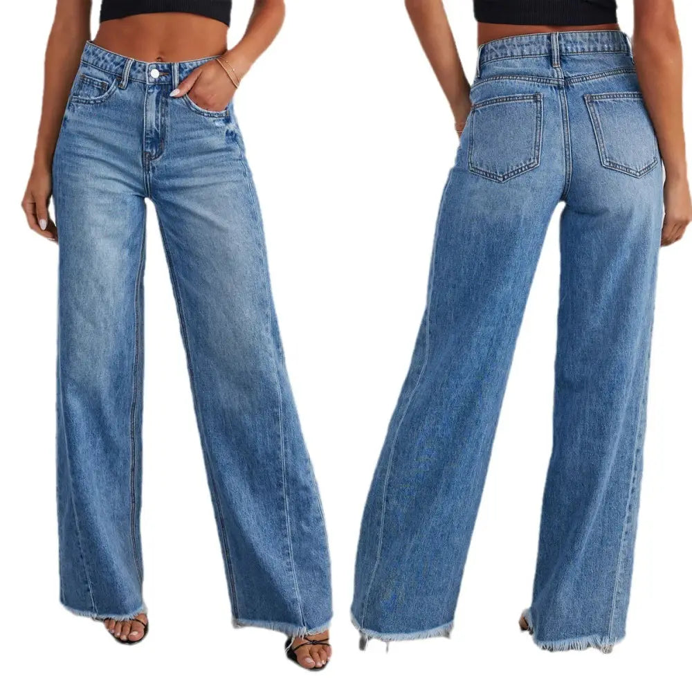 Women's Loose Wide-leg Side Seam Stitching Frayed Hem Jeans Beyond Trends Hub