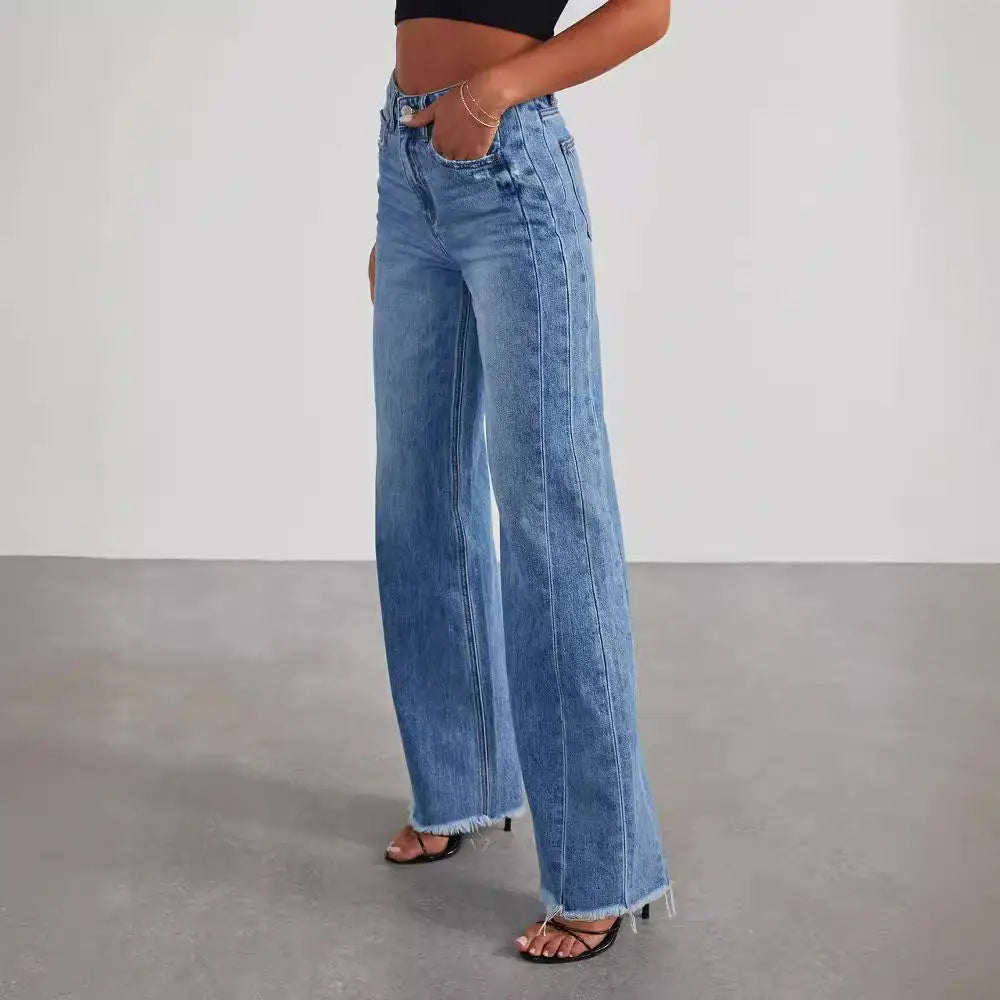 Women's Loose Wide-leg Side Seam Stitching Frayed Hem Jeans Beyond Trends Hub