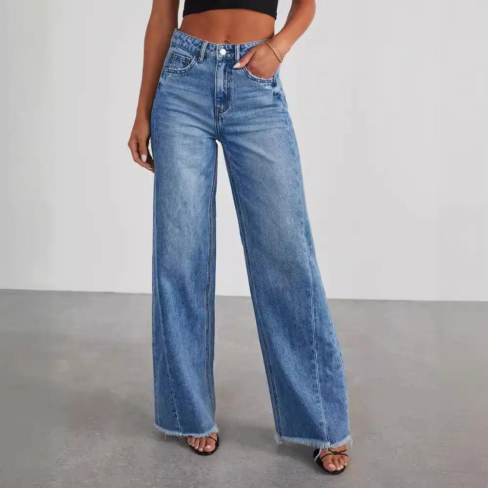 Women's Loose Wide-leg Side Seam Stitching Frayed Hem Jeans Beyond Trends Hub