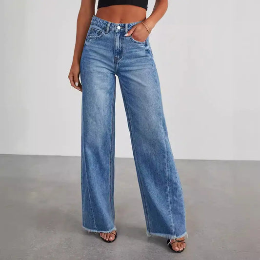 Women's Loose Wide-leg Side Seam Stitching Frayed Hem Jeans Beyond Trends Hub