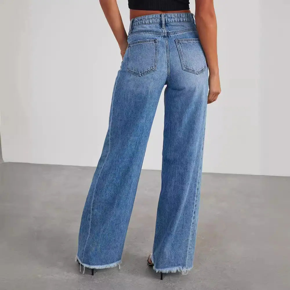 Women's Loose Wide-leg Side Seam Stitching Frayed Hem Jeans Beyond Trends Hub