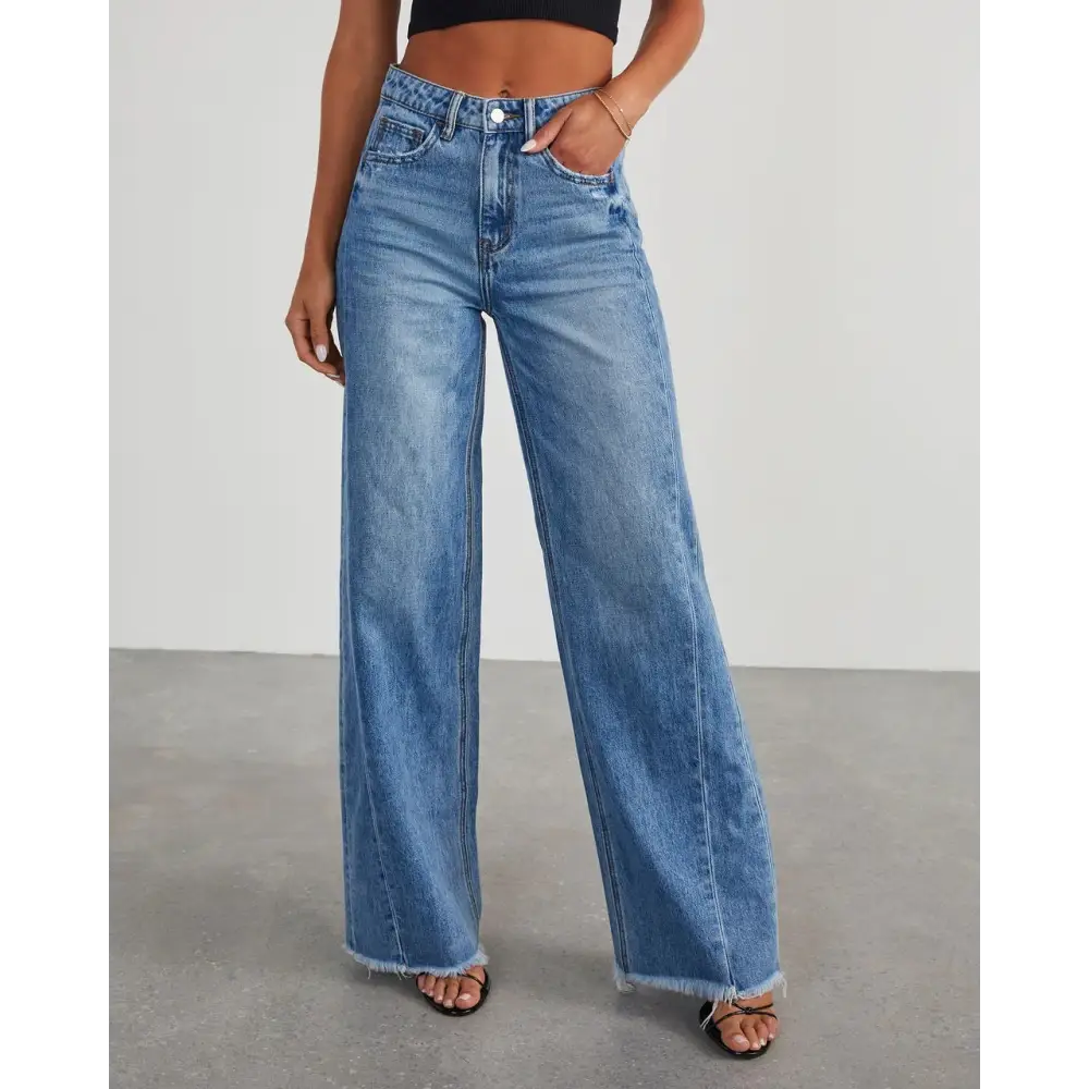 Women's Loose Wide-leg Side Seam Stitching Frayed Hem Jeans Beyond Trends Hub