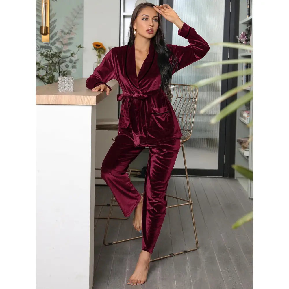 Women’s Pajamas Fleece-lined Thickened Loungewear Suit - R10 Red / L
