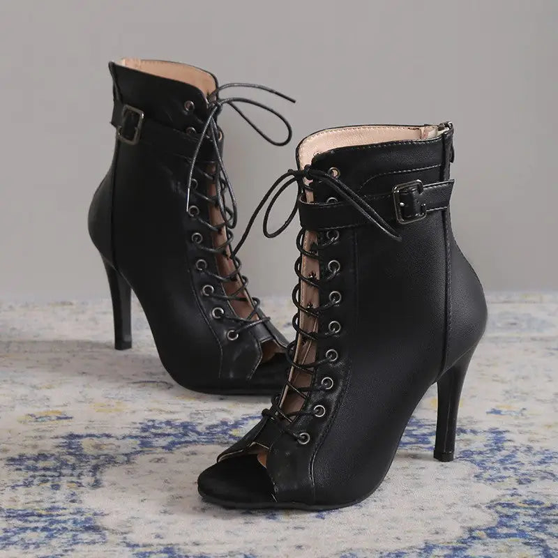 Women’s Peep Toe High Heel Pumps Shoes Fashion Lace-up Buckle Sandals With Back Zipper Design