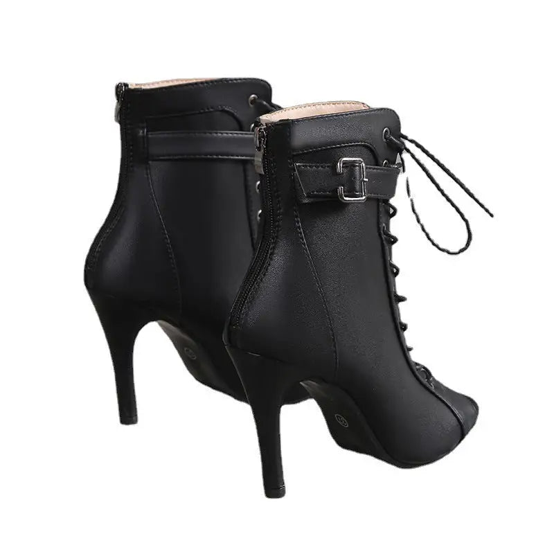 Women’s Peep Toe High Heel Pumps Shoes Fashion Lace-up Buckle Sandals With Back Zipper Design