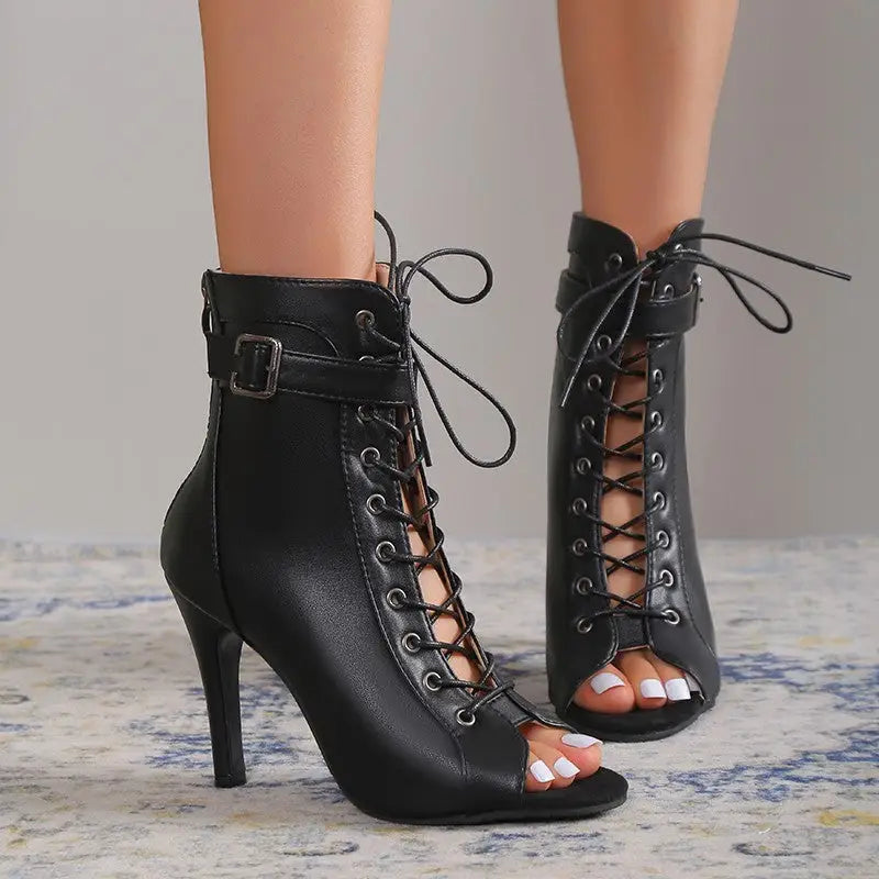 Women’s Peep Toe High Heel Pumps Shoes Fashion Lace-up Buckle Sandals With Back Zipper Design