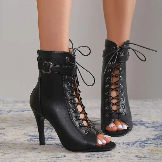 Women’s Peep Toe High Heel Pumps Shoes Fashion Lace-up Buckle Sandals With Back Zipper Design