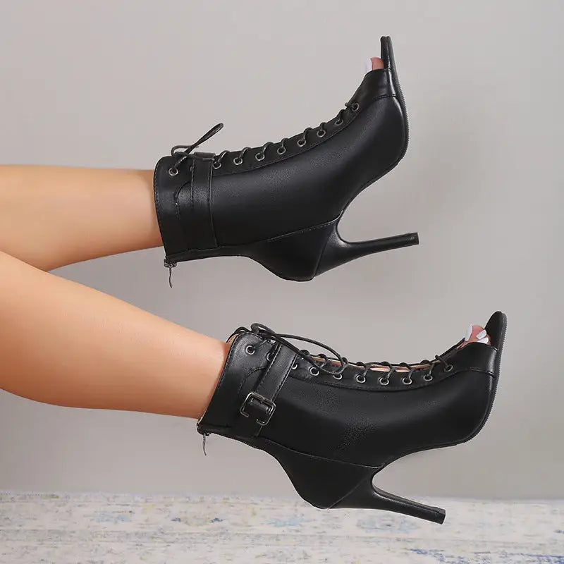 Women’s Peep Toe High Heel Pumps Shoes Fashion Lace-up Buckle Sandals With Back Zipper Design
