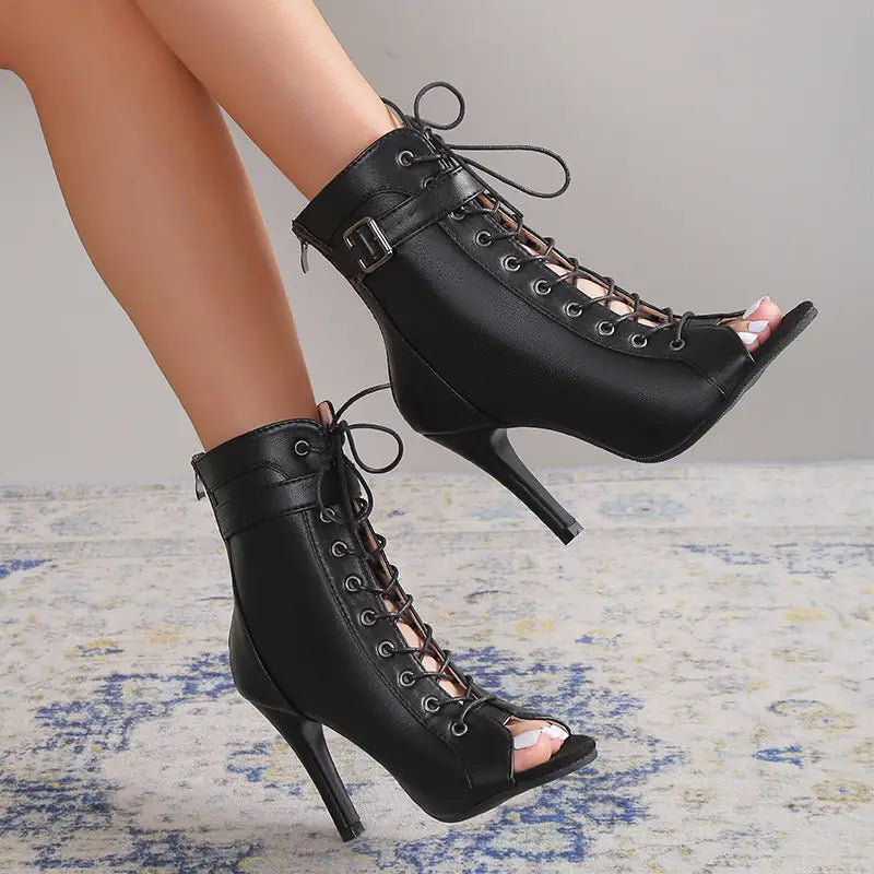 Women’s Peep Toe High Heel Pumps Shoes Fashion Lace-up Buckle Sandals With Back Zipper Design - Black / 35