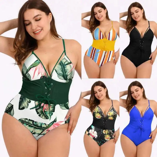 Women’s Plus Size Bikini Printed Bouquet Waist