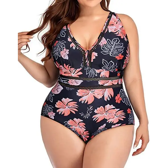 Women’s Plus Size Siamese Swimming Mesh Fabric Stitching Printing Plus-sized Swimsuit Bikini
