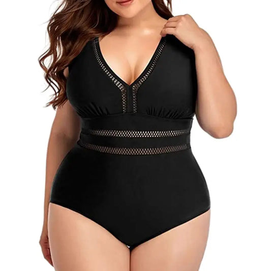 Women’s Plus Size Siamese Swimming Mesh Fabric Stitching Printing Plus-sized Swimsuit Bikini - Black / S