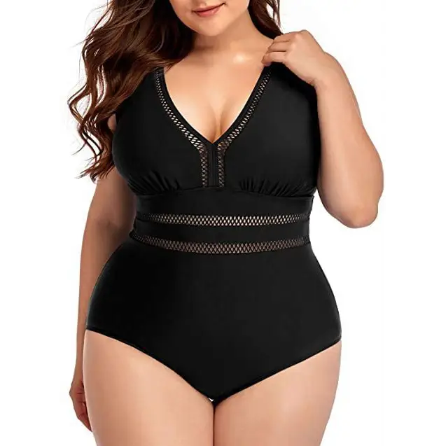 Women’s Plus Size Siamese Swimming Mesh Fabric Stitching Printing Plus-sized Swimsuit Bikini