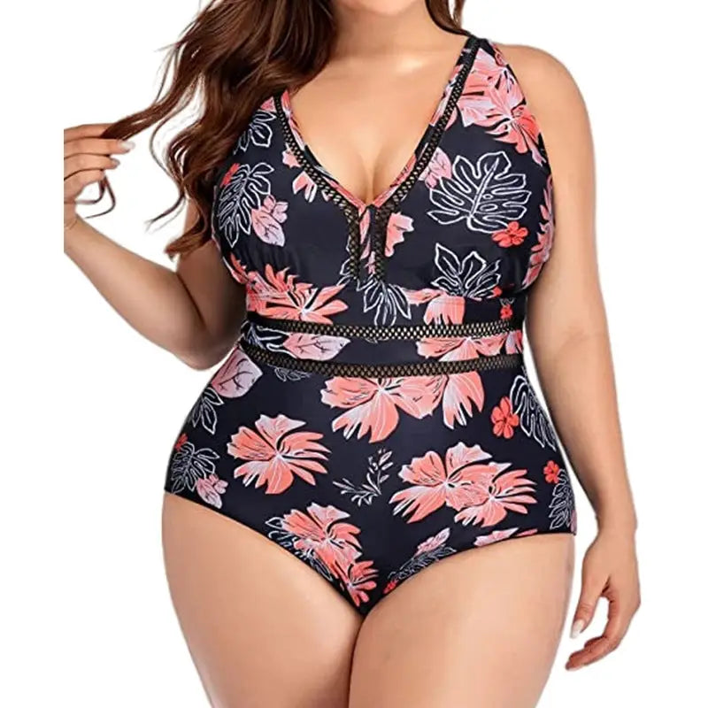 Women’s Plus Size Siamese Swimming Mesh Fabric Stitching Printing Plus-sized Swimsuit Bikini - Print / S