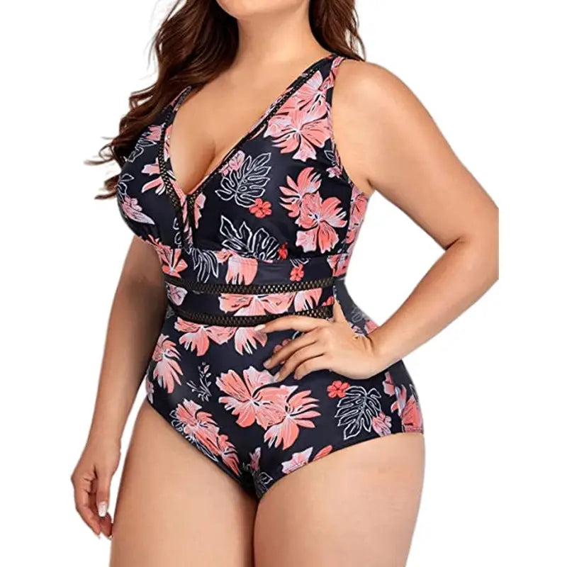 Women’s Plus Size Siamese Swimming Mesh Fabric Stitching Printing Plus-sized Swimsuit Bikini