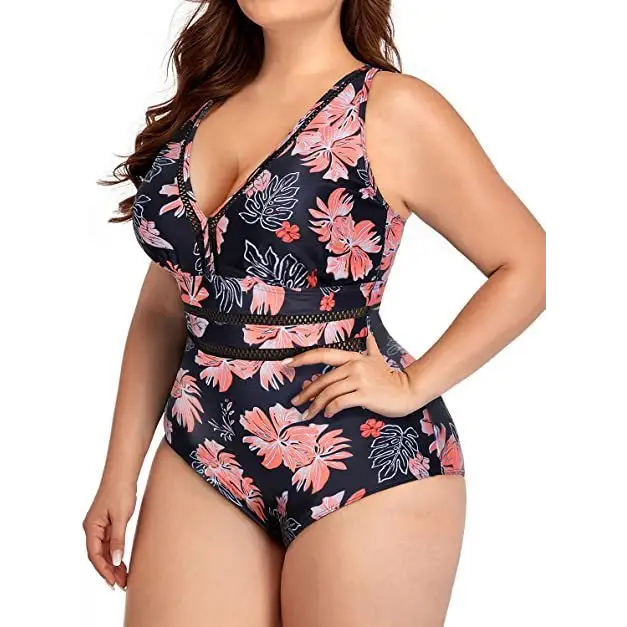 Women’s Plus Size Siamese Swimming Mesh Fabric Stitching Printing Plus-sized Swimsuit Bikini