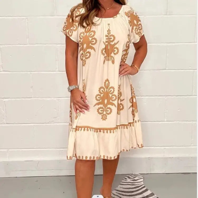 Women’s Plus Size Summer Printed Short Sleeve Dress - Apricot / S