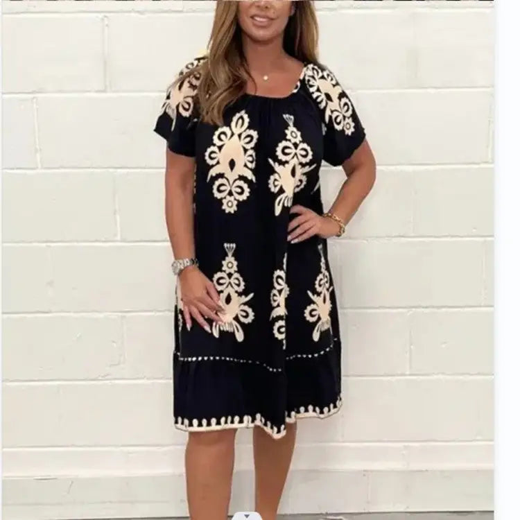 Women’s Plus Size Summer Printed Short Sleeve Dress - Black / S