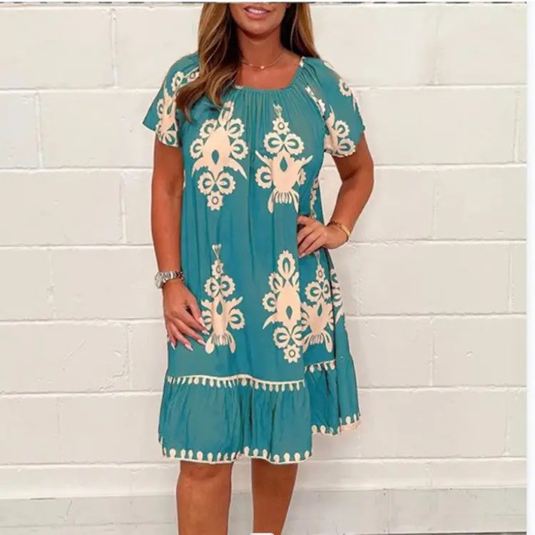 Women’s Plus Size Summer Printed Short Sleeve Dress - Blue / S
