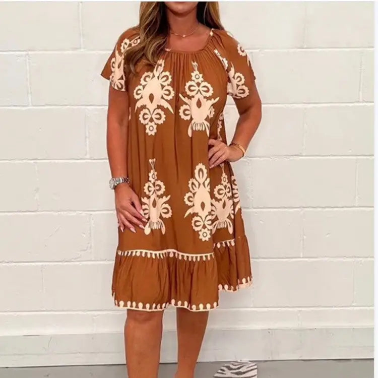 Women’s Plus Size Summer Printed Short Sleeve Dress - Caramel / S