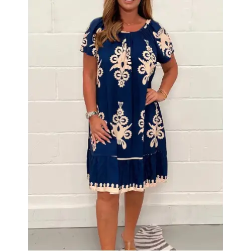 Women’s Plus Size Summer Printed Short Sleeve Dress - Navy Blue / 4XL