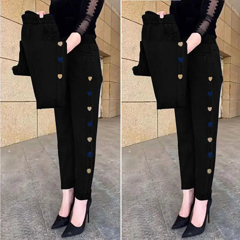 Women’s Plus Size Thin High Waist Stretch Jeans - 661 Black Embroidery / M