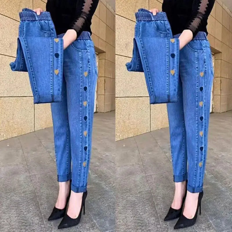 Women’s Plus Size Thin High Waist Stretch Jeans - 661 Blue Embroidery / M