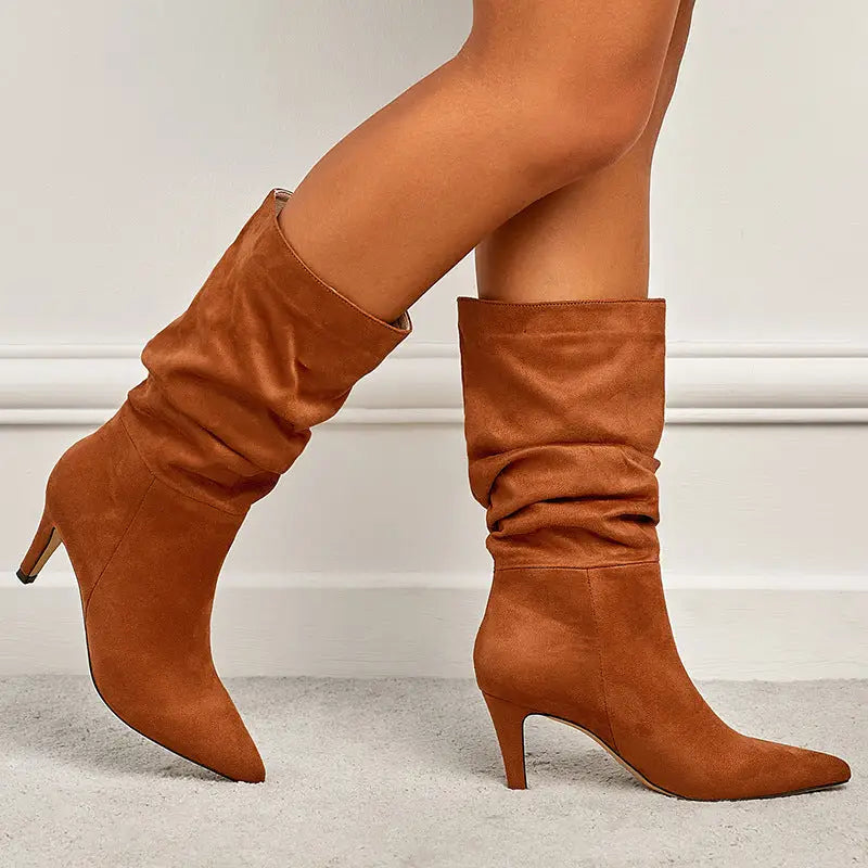 Women’s Plus Size Wrinkled Suede Stiletto Heel Boots