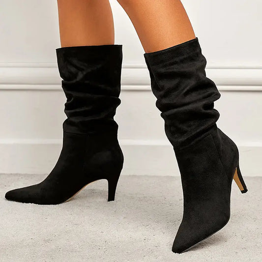 Women’s Plus Size Wrinkled Suede Stiletto Heel Boots - Black / 35