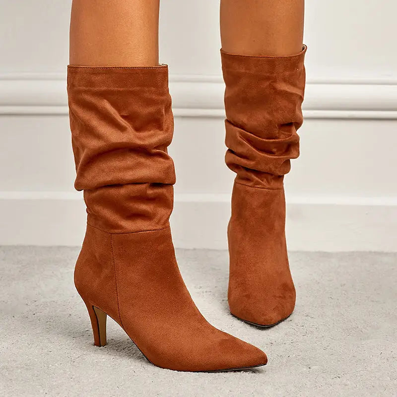 Women’s Plus Size Wrinkled Suede Stiletto Heel Boots - Brown / 35